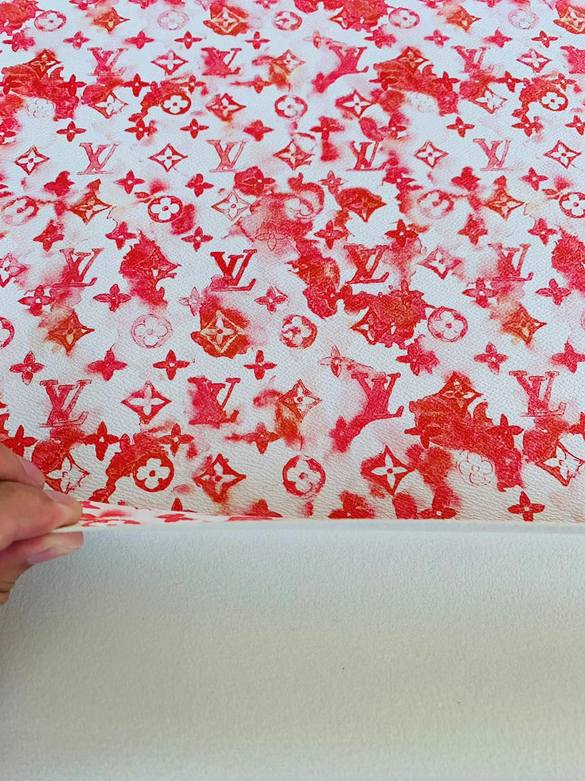 Classic Watercolour LV Leather Case Fabric, Handmade Bag Fabric, Hand-made Shoes Fabric By Yard (Red)