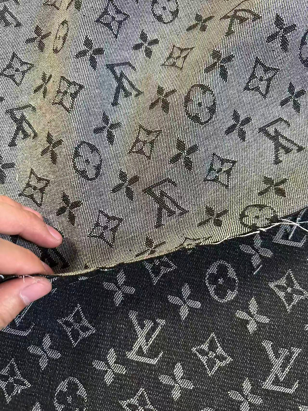 Fashion Black LV Denim Woven Jacquard fabric ,Jean Fabric For Handmade Goods By Yard