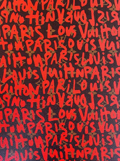 Fashion LV Graffiti Letter Design Vinyl Leather for Handmade Shoes ,Handmade Bags Leather By Yard (Red )
