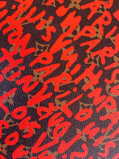 Fashion LV Graffiti Letter Design Vinyl Leather for Handmade Shoes ,Handmade Bags Leather By Yard (Red )
