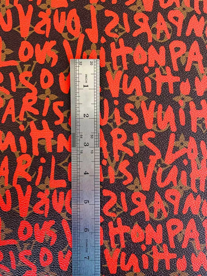 Fashion LV Graffiti Letter Design Vinyl Leather for Handmade Shoes ,Handmade Bags Leather By Yard (Red )