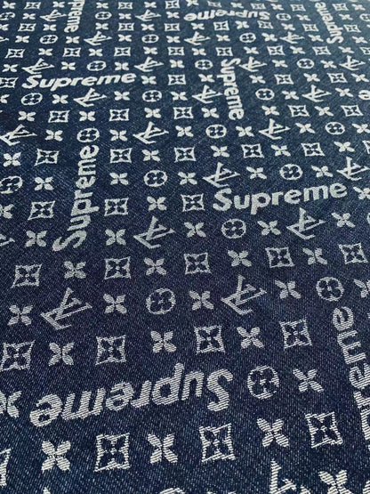 Classic LV With Supreme Denim Woven Jacquard fabric , Jean Fabric For Handmade Goods By Yard ( Dark Blue )