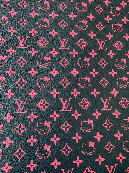 Fashion Black With Pink LV Hello Kitty Vinyl Leather For Bag ,Shoes ,Handicraft Upholstery By Yards