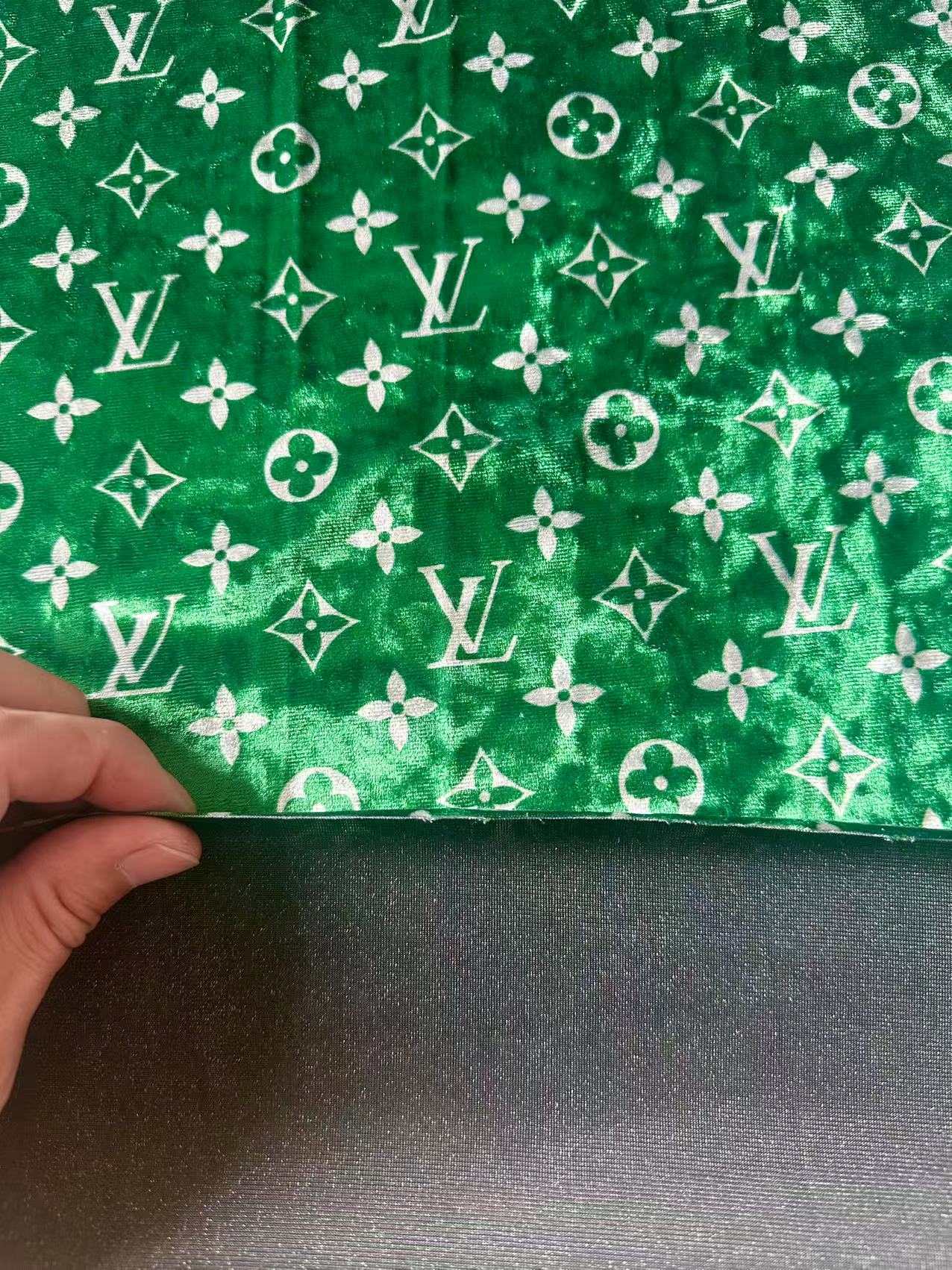 Craft Luxury Green With White LV Knitting Velvet Fabric For Handmade Sneaker,Car Upholstery and Clothing