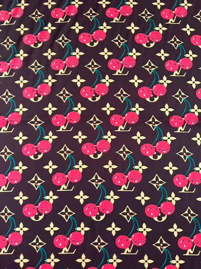 Craft  Brown LV With Cherry Silk Printing Cloth Fabric For Handmade Handicraft Goods By Yard