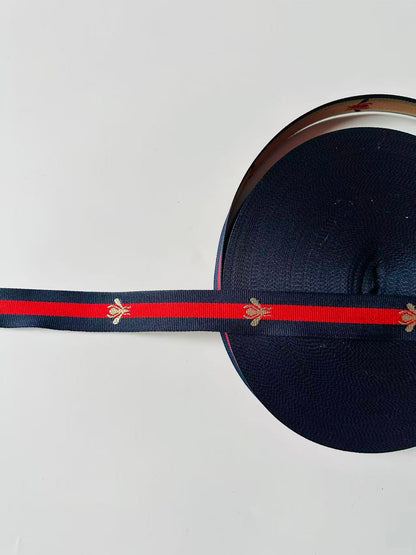 Classic Gucci with Bee Strap ,Handmade Striped Ribbon Trim with Bee Embroidered For shoes ,Bags ,Handicrafts By Yard (Navy Blue with Red )