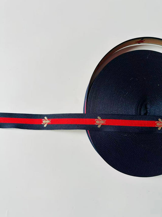 Classic Gucci with Bee Strap ,Handmade Striped Ribbon Trim with Bee Embroidered For shoes ,Bags ,Handicrafts By Yard (Navy Blue with Red )