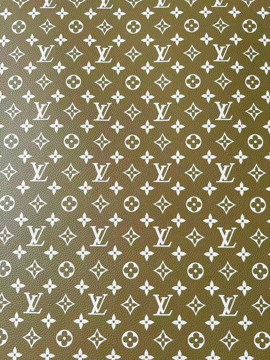 Fashion Olive Green With White LV Leather For Handmade Sneaker, Bag,Upholstery Goods By Yard