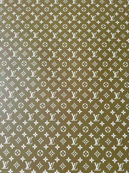 Fashion Olive Green With White LV Leather For Handmade Sneaker, Bag,Upholstery Goods By Yard