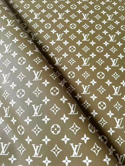 Fashion Olive Green With White LV Leather For Handmade Sneaker, Bag,Upholstery Goods By Yard