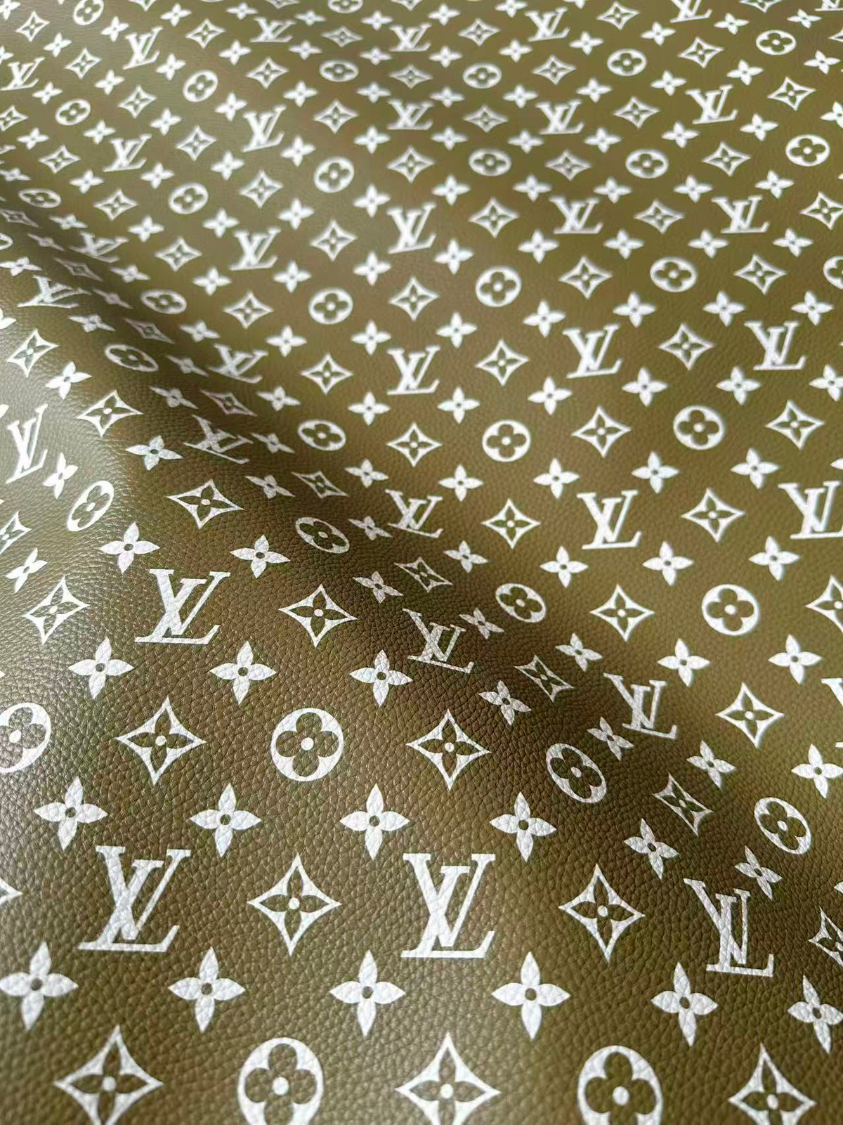 Fashion Olive Green With White LV Leather For Handmade Sneaker, Bag,Upholstery Goods By Yard