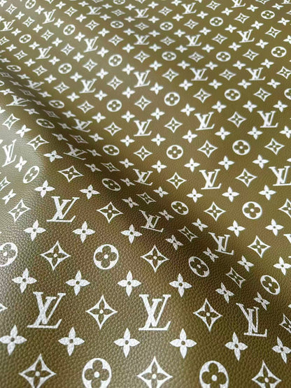 Fashion Olive Green With White LV Leather For Handmade Sneaker, Bag,Upholstery Goods By Yard