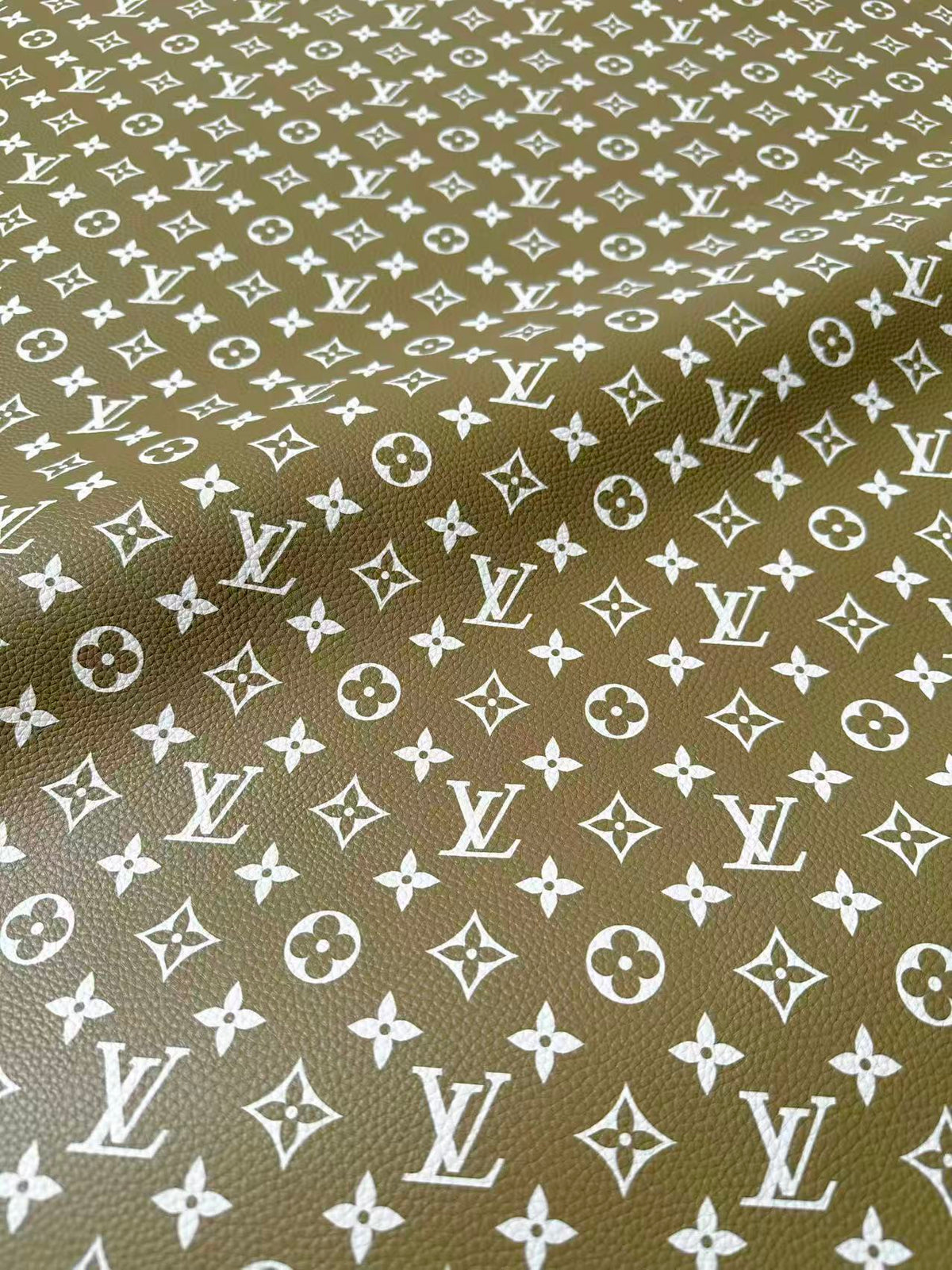 Fashion Olive Green With White LV Leather For Handmade Sneaker, Bag,Upholstery Goods By Yard