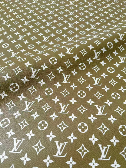 Fashion Olive Green With White LV Leather For Handmade Sneaker, Bag,Upholstery Goods By Yard