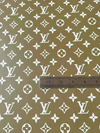 Fashion Olive Green With White LV Leather For Handmade Sneaker, Bag,Upholstery Goods By Yard