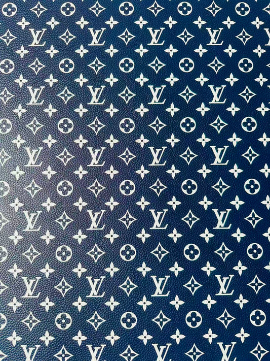 Fashion Navy Blue With White LV Leather For Handmade Sneaker, Bag,Upholstery Goods By Yard