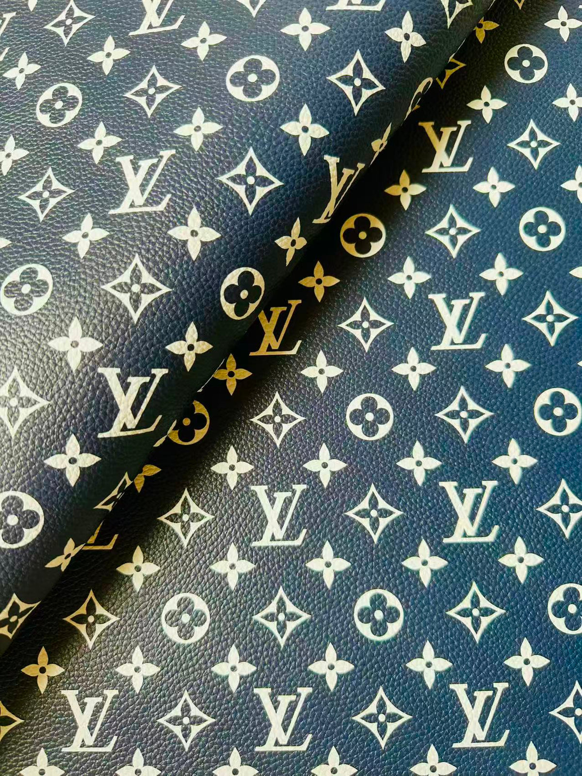Fashion Navy Blue With White LV Leather For Handmade Sneaker, Bag,Upholstery Goods By Yard