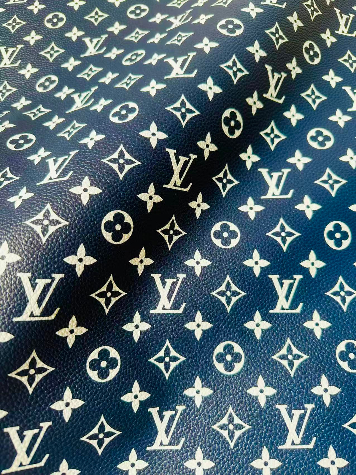 Fashion Navy Blue With White LV Leather For Handmade Sneaker, Bag,Upholstery Goods By Yard