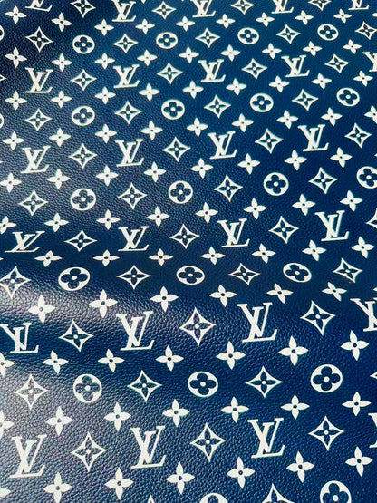 Fashion Navy Blue With White LV Leather For Handmade Sneaker, Bag,Upholstery Goods By Yard