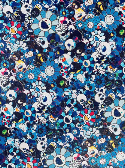 Takashi Murakami Leather Fabric ,Smile Face Flower Leather Hand-made Shoes Leather ,Hand-made Bag Leather By Yard ( Blue )